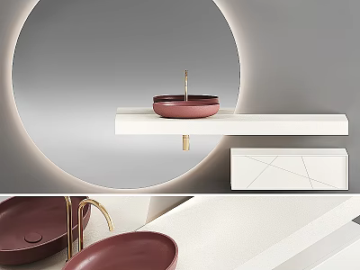 Modern Bathroom Washbasin Design With Red Ceramic Basin Gold Faucet And Backlit Circular Mirror 3d model