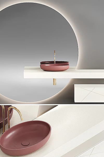 Modern Bathroom Washbasin Design With Red Ceramic Basin Gold Faucet And Backlit Circular Mirror 3d model