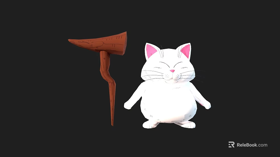 White Cat Game Movie Character With Pink Ears Closed Eyes Smiling Expression Beside Brown Staff 3d model 