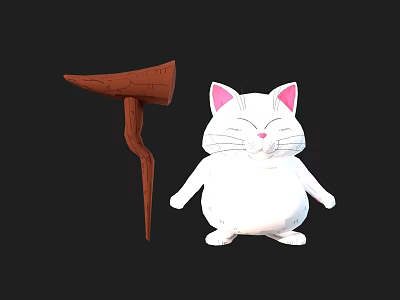 White Cat Game Movie Character With Pink Ears Closed Eyes Smiling Expression Beside Brown Staff 3d model