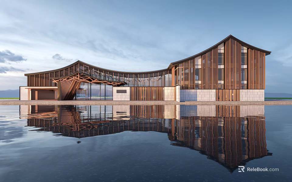 Modern Architectural Structure with Curved Wooden Roof Large Glass Windows and Water Reflection 3d model 
