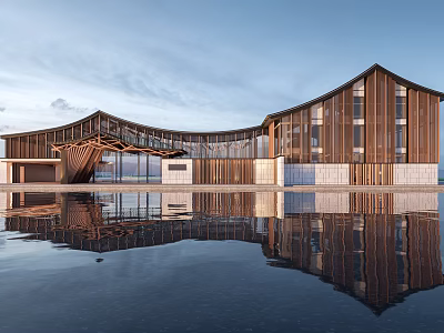 Modern Architectural Structure with Curved Wooden Roof Large Glass Windows and Water Reflection 3d model