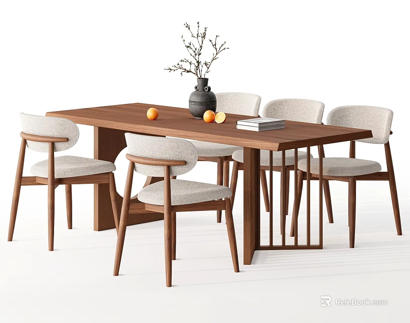 Modern Wooden Dining Table and Chairs Set with Vase Oranges and Books on Top 3d model 