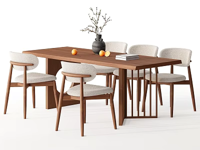 Modern Wooden Dining Table and Chairs Set with Vase Oranges and Books on Top 3d model
