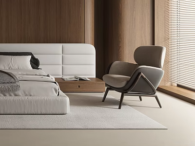 Modern Bedroom Interior with Gray Accent Chair White Headboard and Wooden Walls 3d model