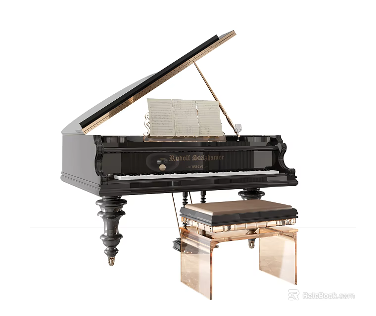 Elegant Steinway Sons Black Grand Piano With Open Lid Sheet Music And Wooden Bench 3d model 