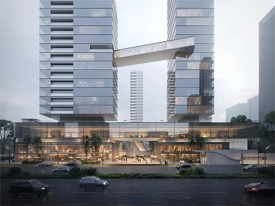 Modern Twin High Rise Office Building With Sky Bridge Glass Curtain Wall And Urban Surroundings 3d model