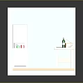 Cartoon Kitchen Scene Featuring Blue Walls Wooden Cabinet Refrigerator Sink Table And Mat