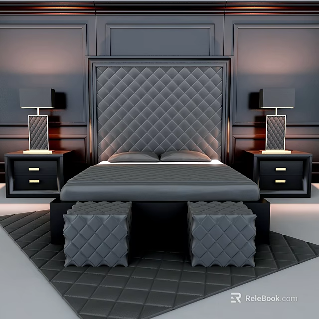 Modern Dark Double Bed With Tufted Headboard Nightstands Table Lamps And Stools 3d model 