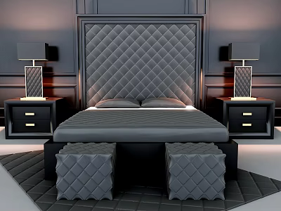 Modern Dark Double Bed With Tufted Headboard Nightstands Table Lamps And Stools 3d model