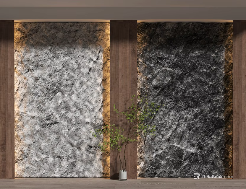 Modern Elegant Feature Wall with Marble Texture and Wooden Frame Decorated with Green Plant Accent 3d model 