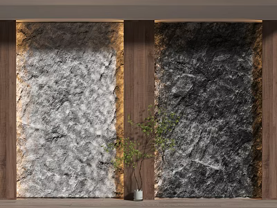 Modern Elegant Feature Wall with Marble Texture and Wooden Frame Decorated with Green Plant Accent 3d model