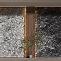 Modern Elegant Feature Wall with Marble Texture and Wooden Frame Decorated with Green Plant Accent