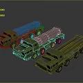 Three Green 3D Rendered Military Missile Launcher Vehicles on Gray Background