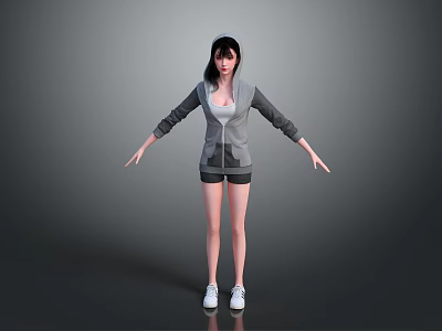 Child Girl Wearing Grey Hoodie And Black Shorts With Arms Outstretched In Grey Background 3d model
