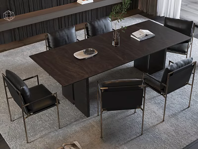 Modern Dark Wooden Dining Table Set With Black Leather Chairs Metal Legs And Decorative Plant Books 3d model