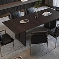Modern Dark Wooden Dining Table Set With Black Leather Chairs Metal Legs And Decorative Plant Books