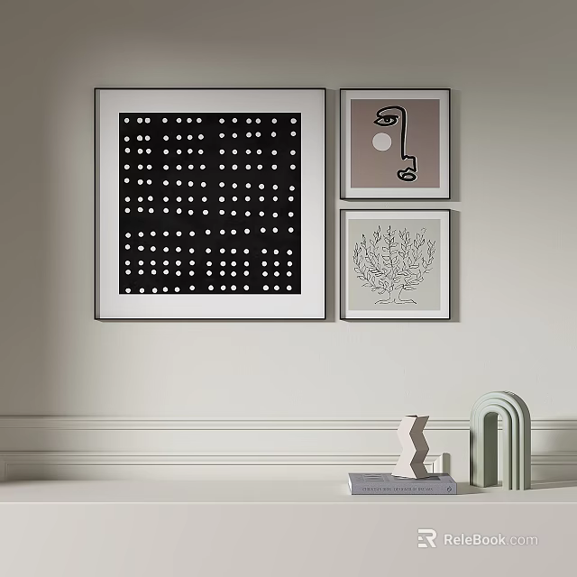 Abstract Paintings Wall Decor With Black White Dots Geometric Patterns And Decorative Objects 3d model 