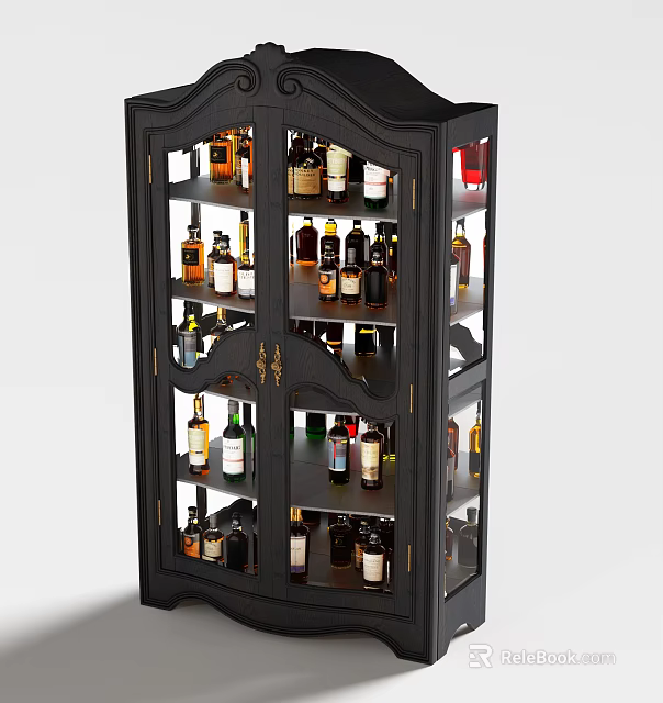 Elegant Black Liquor Cabinet with Glass Doors and Multiple Shelves Holding Various Wine Bottles 3d model 
