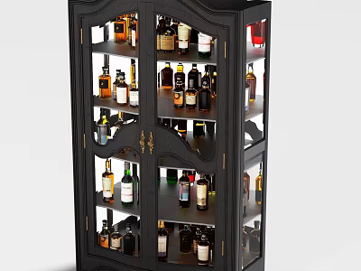 Elegant Black Liquor Cabinet with Glass Doors and Multiple Shelves Holding Various Wine Bottles 3d model