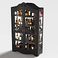 Elegant Black Liquor Cabinet with Glass Doors and Multiple Shelves Holding Various Wine Bottles
