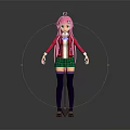 Game Anime Character With Pink Long Hair Red Jacket Green Plaid Skirt And Black Thigh High Socks Design