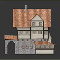 Cartoon Style Two Story House With Red Tiled Roof Arched Doorway And Stone Walls