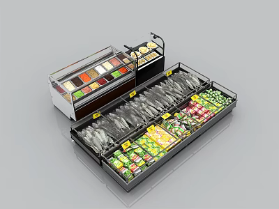 Commercial Freezer Display With Frozen Fish Vegetables And Packaged Foods 3d model