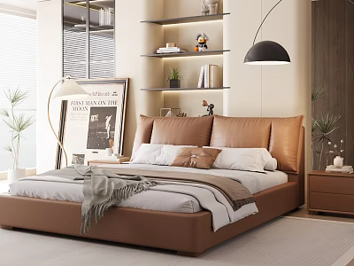 Modern Bedroom Interior Design With Brown Leather Bed Pillows Shelves And Floor Lamp 3d model