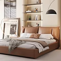Modern Bedroom Interior Design With Brown Leather Bed Pillows Shelves And Floor Lamp