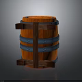 Modern Decorative Wooden Barrel Featuring Orange Surface Blue Hoops And Brown Wooden Frame