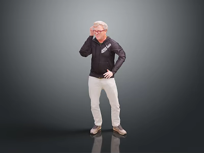 Man in Black Hoodie and White Pants Adjusting Glasses with Hand on Hip Against Gray Background 3d model