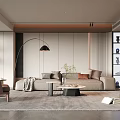 Modern Living Room With Beige Sofa Brown Armchair Floor Lamp Display Cabinet And Collectibles