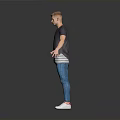 Man in Gray T-shirt Blue Jeans White Sneakers with Arms Outstretched against Gray Gradient