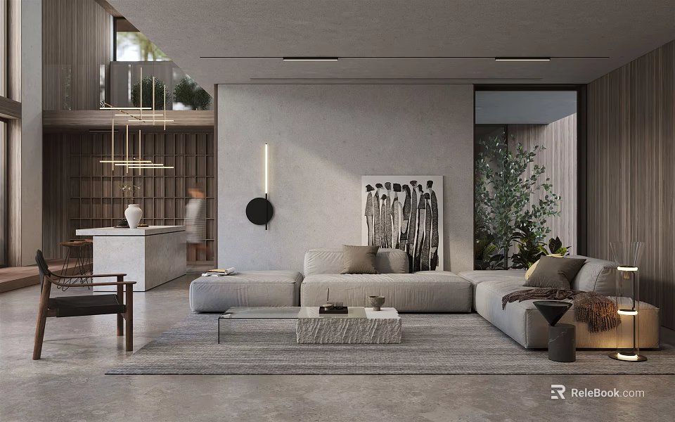 Modern Duplex Living Room Interior Design With Open Layout Sofa And Coffee Table 3d model 