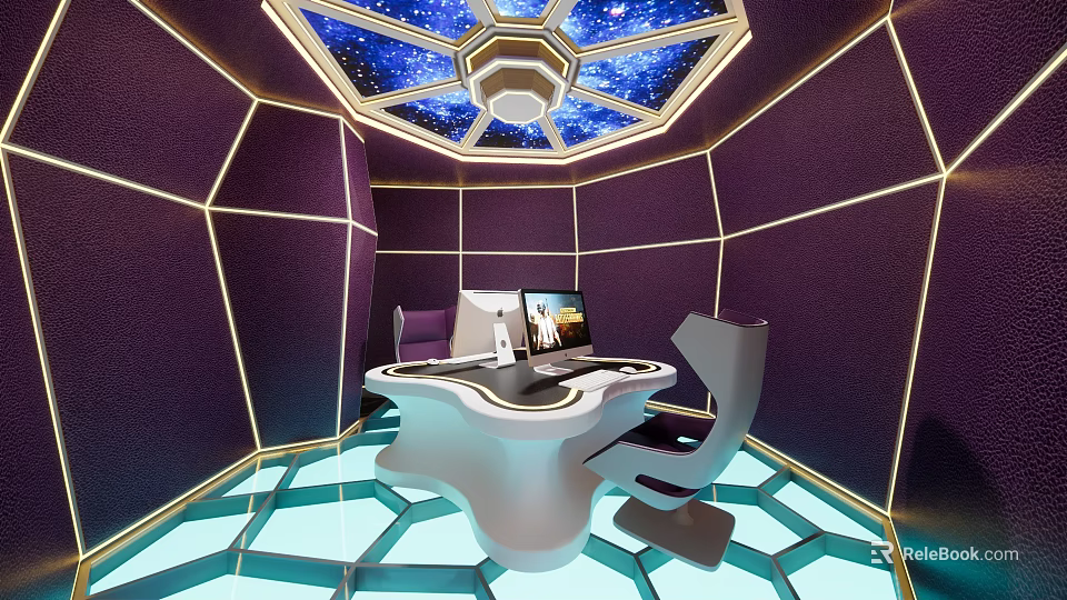 Internet Cafe With Starry Ceiling Purple Walls Golden Lines White Irregular Countertop And Computers 3d model 