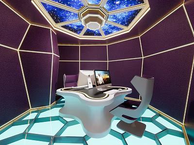 Internet Cafe With Starry Ceiling Purple Walls Golden Lines White Irregular Countertop And Computers 3d model