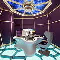 Internet Cafe With Starry Ceiling Purple Walls Golden Lines White Irregular Countertop And Computers