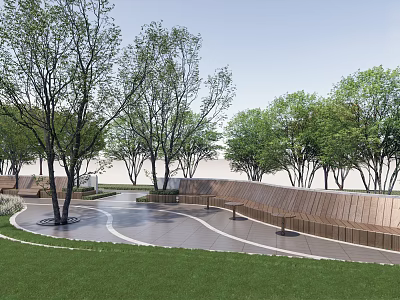 Scenic Park Landscape With Tall Leafy Trees Lush Green Grass Curved Paved Pathway And Benches 3d model