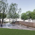 Scenic Park Landscape With Tall Leafy Trees Lush Green Grass Curved Paved Pathway And Benches