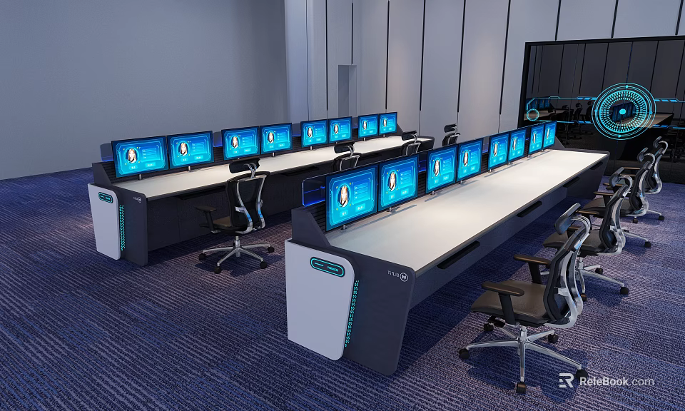 Modern Operation Console With Multiple Monitors Office Chairs And Blue Carpet 3d model 