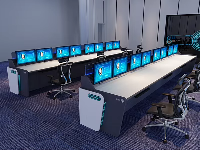 Modern Operation Console With Multiple Monitors Office Chairs And Blue Carpet 3d model