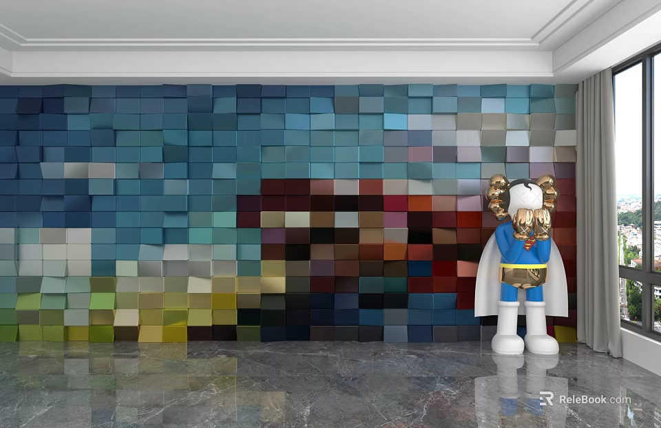 Colorful Block Patterned Background Wall With Vibrant Multicolored Panels And Decorative Figure 3d model