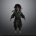 Young Man With Long Black Hair Green Black Outfit Belt And Sandals