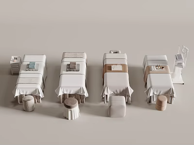 Light Colored Minimalist Salon Treatment Beds With Side Stools And Table Accessories 3d model