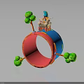 Colorful Blue And Pink Ring Structure With Green Tree Decorations And Small Sheep With Hat