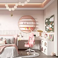 Pink Kids Room Interior With Round Mirror Bed Pink Chair Bookshelf And Decorative Painting