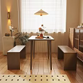 Wooden Dining Table Set with Benches Vase Flowers Potted Plant and Window Blinds