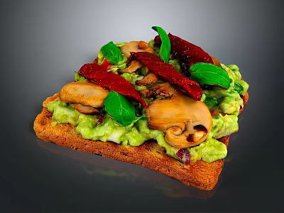 Avocado Toast Topped With Sautéed Mushrooms Red Chili Slices And Fresh Basil Leaves 3d model