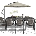 Outdoor Patio Dining Table and Chairs Set With Large Cantilever Umbrella and Decorative Plants